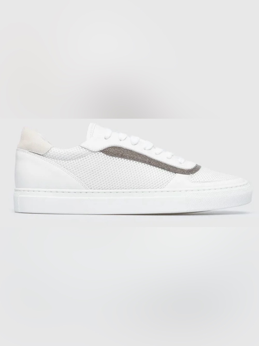 Brunello Cucinelli White Low-Top Sneaker with Gray Trim